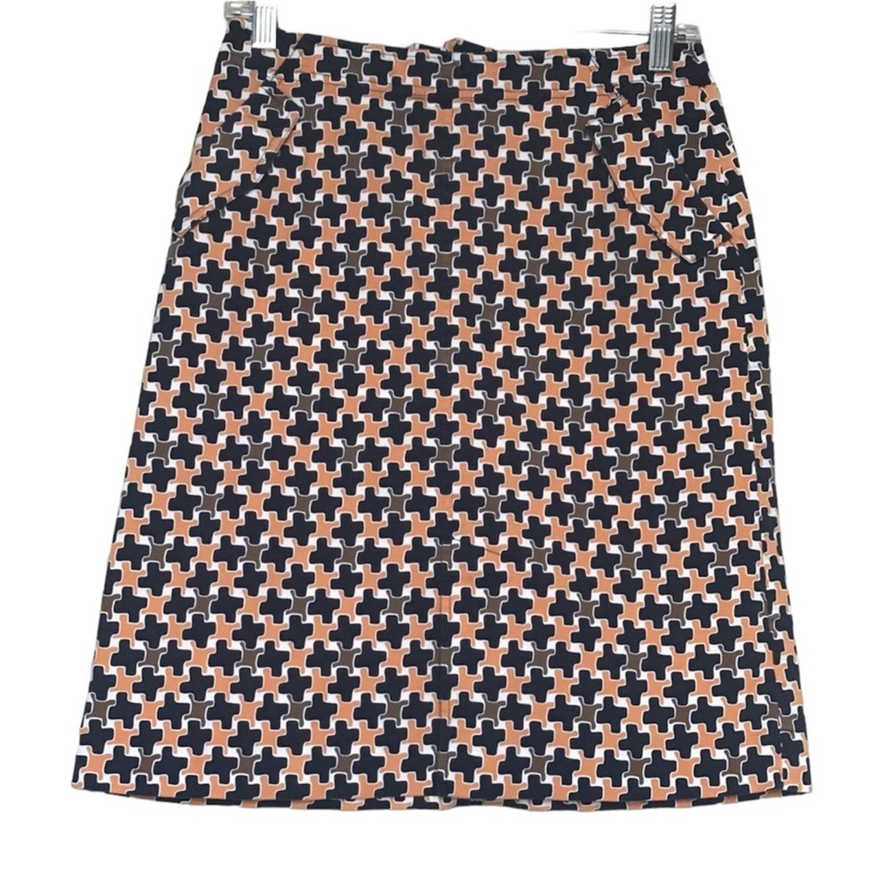 Talbots Navy, Orange, White, Tan Geometric Pencil Skirt